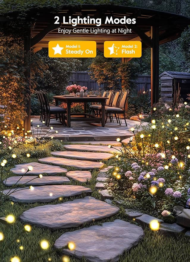 Brightown 8 Pack Solar Garden Lights, 96 LED Firefly Lights, 2 Lighting Modes, Wind Sway IP65 Waterproof Outdoor Lights for Garden Yard Pathway Decor, Warm White