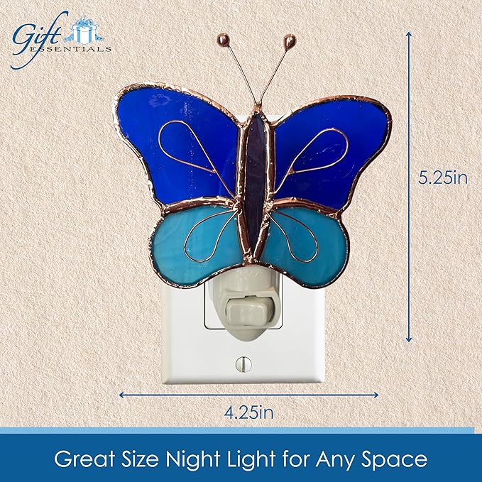 Gift Essentials Blue and Aqua Butterfly Plug in Night Light - Stained Glass Nightlight with On/Off Rocker Switch - Includes One 4 Watt Replaceable Incandescent Warm Glow Bulb