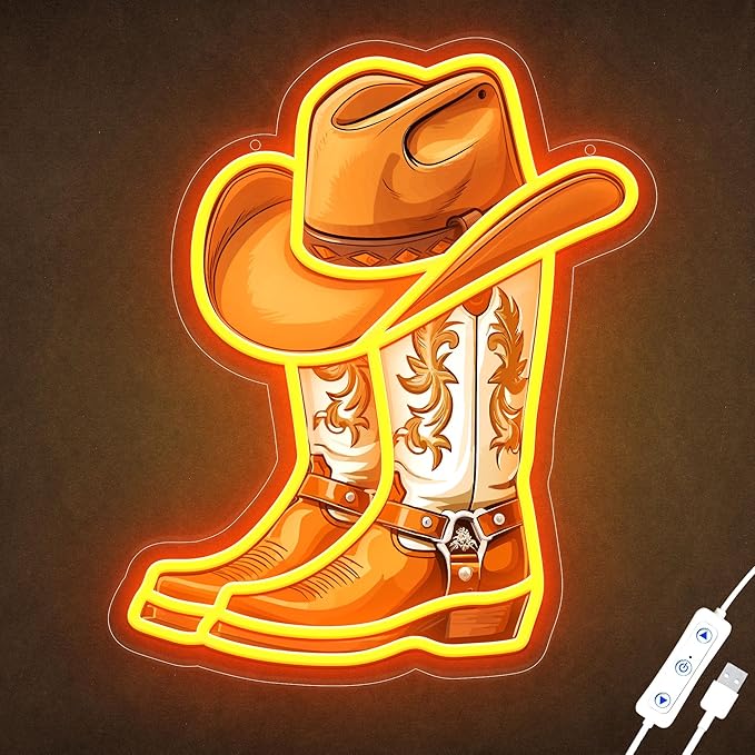 Cowboy Boot with Hat Neon Signs for Wall Decor, Western Cowboy LED Sign Light Up, Dimmable Neon Light for Game Room Man Cave Bedroom Bar Party Birthday Gifts