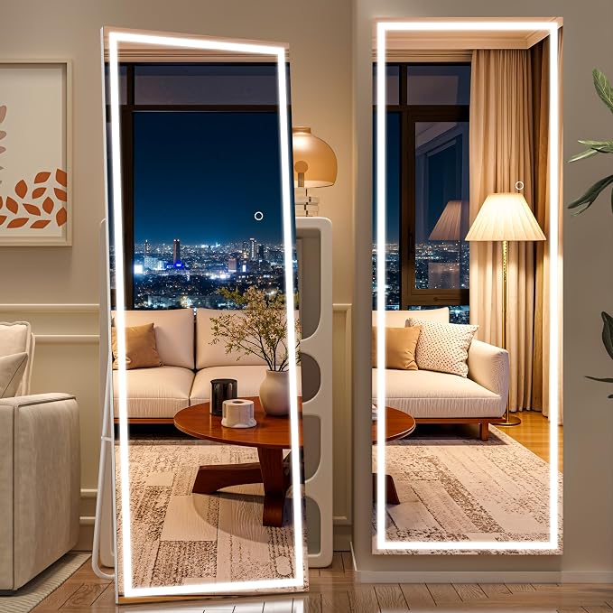 Hasipu Full Length Mirror with Lights, 55.7" x 16" LED Floor, Full Body Dressing Standing, Hanging Mounted Mirrors