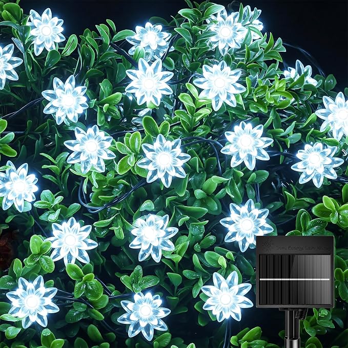Brightown 50 LED Flower Solar String Lights Outdoor Waterproof, White | Solar Powered Fairy Lights with 8 Modes for Garden Yard Fence Patio Christmas Balcony Holiday Party Decor
