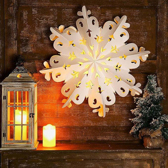 23.6 Inch Christmas Star Snowflake Paper Lantern with Light Timer Paper Lamp Party Supplies Hanging Decoration for Weddings Christmas Trees Birthday Holiday Party Celebration (Adorable Style)