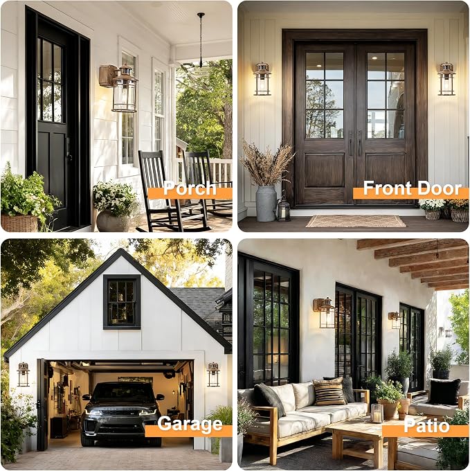 Upgraded Porch Lights with GFCI Outlet-Motion Sensor & Dusk to Dawn Outdoor Light Fixture,3 Lighting Modes Waterproof Anti-Rust Faux Wood Grain Outdoor Lights for House Porch Garage (2 Pack