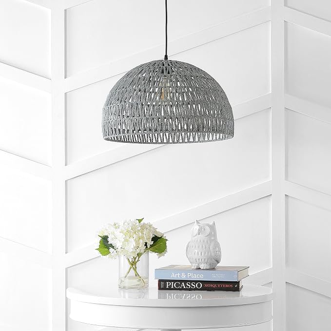 JONATHAN Y Campana 1-Light Pendant Dome Ceiling Lamp, 20", Gray | Modern Coastal Farmhouse Decor, Adjustable Height, Woven Rope Metal Frame, LED Bulb Included, UL Listed