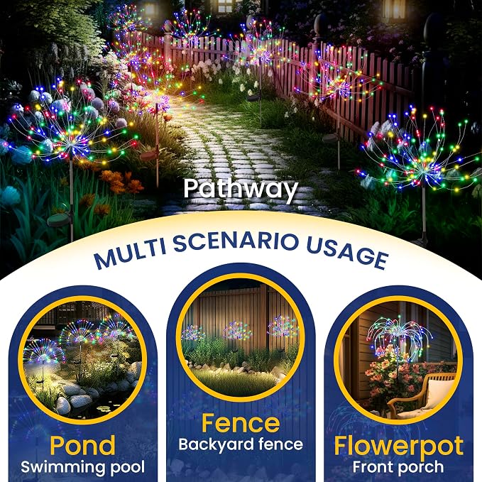 GIGALUMI 4 Pack Solar Firework Lights Outdoor, Garden Decor, Multicolored | 120 LEDs, Fairy Design, Waterproof, Garden Decor, Solar Powered for Yard, Pathway, Flowerbed, Planter, Balcony, Gifts for Mom