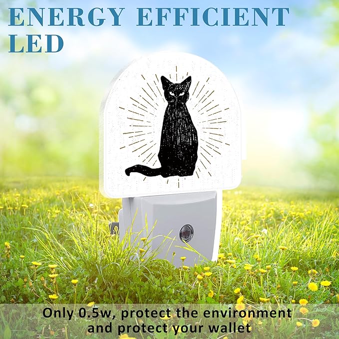 Hand Drawn Black Cat Night Light Plug into Wall with Dusk to Dawn Sensor Cute Nightlight for Kid Girls Boys Women Men Room Decor, Hallway, Kitchen, Bathroom, Nursery, Stairs