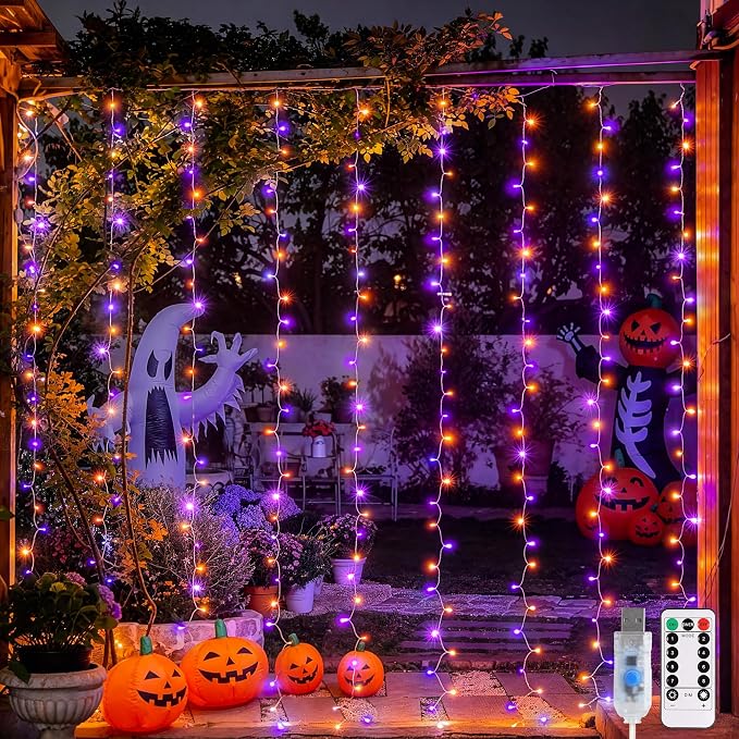 JMEXSUSS 200 LED USB Plug in Orange and Purple Halloween Lights | 6.5ft x 6.5ft, 8 Modes Curtain Halloween Lights with Remote, Curtain String Lights for Party Bedroom Window Halloween Decor