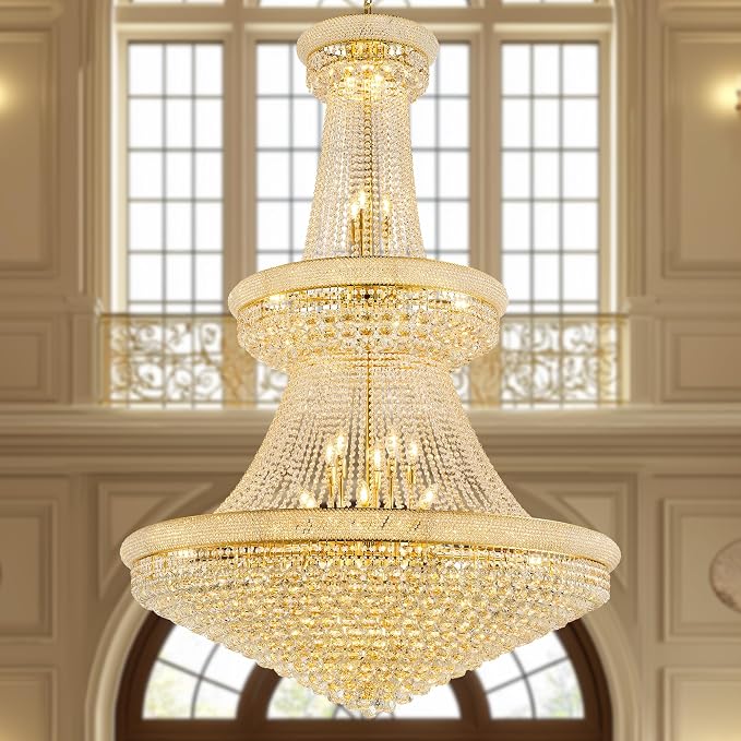 48'' W Grand Gold 3-Tier Empire Crystal Chandelier, 42 LED Bulbs, 680 Hand-Strung K9 Crystals (6 Spares), 79-Inch Adjustable Chain, Ideal for Luxury Foyers, Staircases, Double-Height Spaces (Gold)