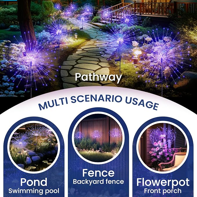 GIGALUMI 2 Pack Solar Firework Lights Outdoor, Halloween Decor, Purple | 120 LEDs, Fairy Design, Waterproof, Garden Decor, Solar Powered for Yard, Pathway, Flowerbed, Planter, Balcony, Gifts for Mom