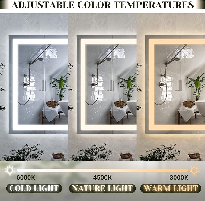 ROLOVE 32x22 Lighted Vanity Mirror, Wall-Mounted, Detachable 10X Magnifier | LED Makeup Mirror, 3 Color Modes, Stepless Dimming, Touch Control, Plug-In Design, Tabletop Use, Even Lighting