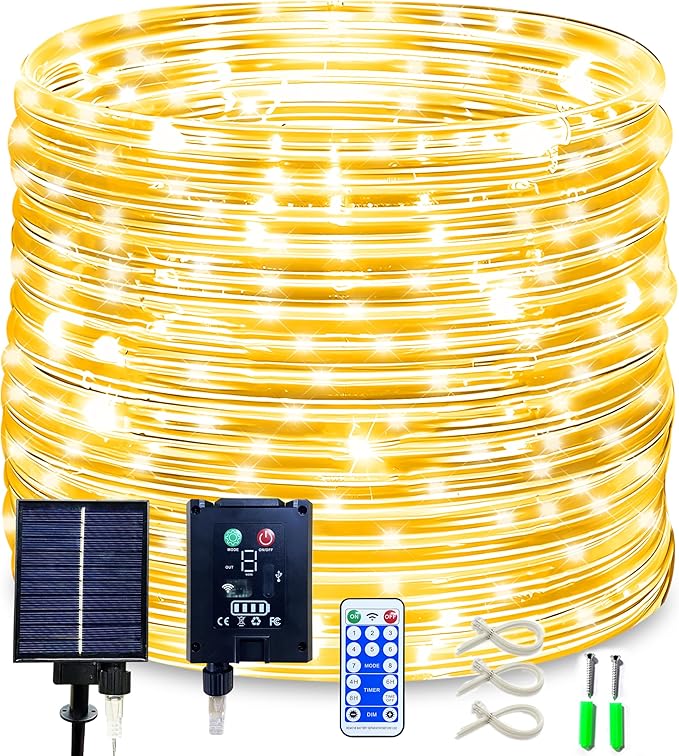 Solar Rope Lights Outdoor Waterproof - 50FT 500LED Solar Powered String Lights with 8 Lighting Modes, Fairy Lights for Outside Garden Yard Tree Christmas Holiday Decor, Warm White