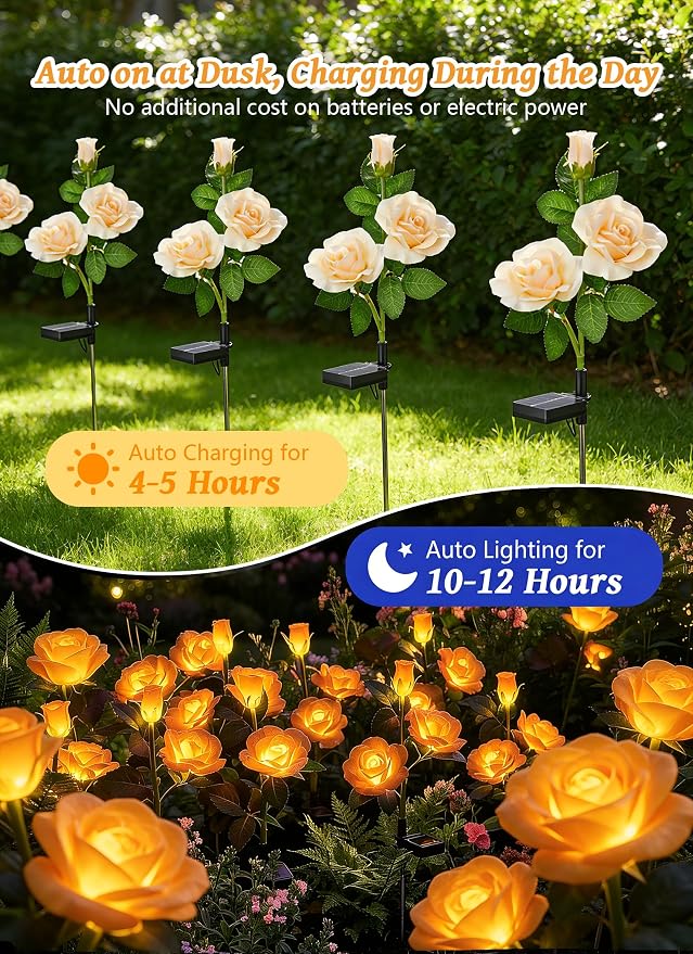 Brightown Solar Garden Lights, 4 Pack LED Rose Flower Lights Waterproof | Larger & Realistic Champagne Rose, Bigger Solar Panel, Waterproof Solar Lights Outdoor for Yard Garden Lawn Pathway Decor