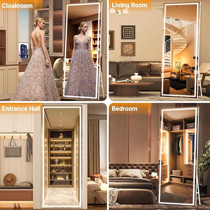 75" x 28" Full Length Mirror with Lights, LED Lighted Floor Standing Body Mirror, Dimmable & 3 Color Lighting for Bedroom, Cloakroom, Dressing Room, Tempered Glass, Black Frame
