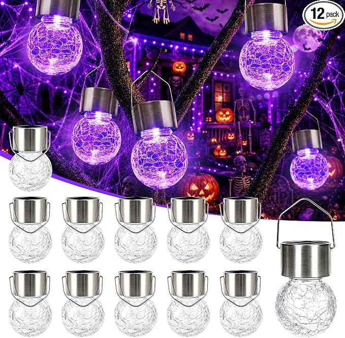 GIGALUMI Halloween Solar Lights Outdoor Solar Hanging Lanterns Outside 12PC | Purple, Halloween, Solar Powered, Waterproof, Decorative, Crackle Glass, Graden&Tree Decoration, Gifts for Women, Ornaments