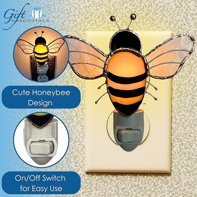 Gift Essentials Honey Bee Plug in Night Light - Stained Glass Nightlight with On/Off Rocker Switch - Includes One 4 Watt Replaceable Incandescent Warm Glow Bulb