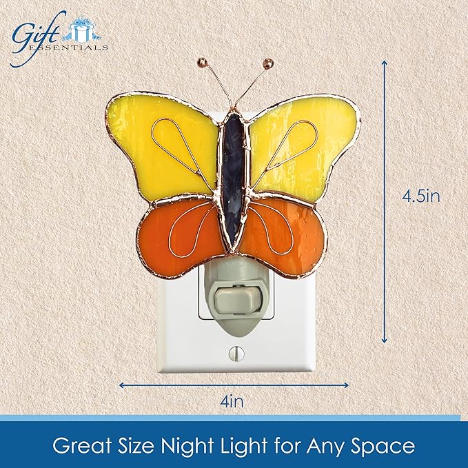 Gift Essentials Yellow and Orange Butterfly Plug in Night Light - Stained Glass Nightlight with On/Off Rocker Switch - Includes One 4 Watt Replaceable Incandescent Warm Glow Bulb