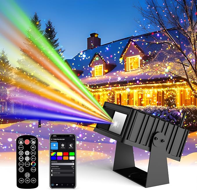AIRIVO Outdoor Star Laser Projector, App & Remote Control 7 Colors Motion Smart Firefly Lights Christmas Snowflake Projector, 8 Lighting Effects Fairy Light Projector for Holiday Decor Garden Light