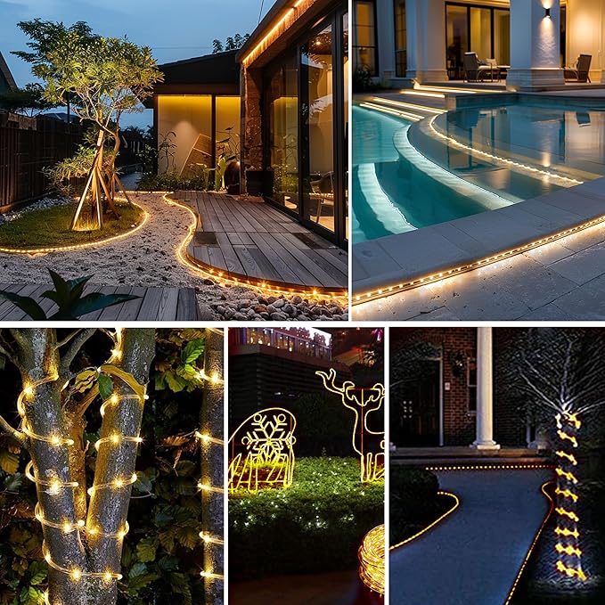 99FT 1000LED Solar Rope Lights - Warm White Solar Powered String Lights with 8 Lighting Modes, IP65 Waterproof Fairy Light for Outdoor Garden Yard Tree Christmas Holiday Decor
