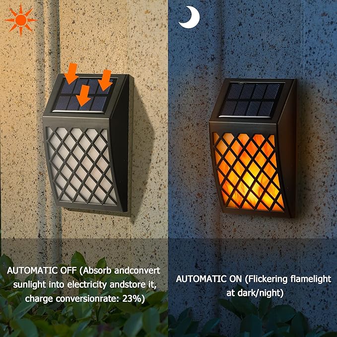 Dynaming Solar Flame Wall Lights Outdoor, 8 Pack Solar Powered Wall Lights, Flickering Flame Auto On/Off Wall Mounted Fence Deck Lights Lattice Decorative for Garage Garden Pathway Patio Porch Yard