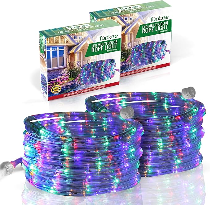 Tupkee LED Rope Light Multi-Color - for Indoor and Outdoor use, 24 Feet (7.3 m) - 10MM Diameter - 144 LED Long Life Bulbs Rope Tube Lights - Pack of 2