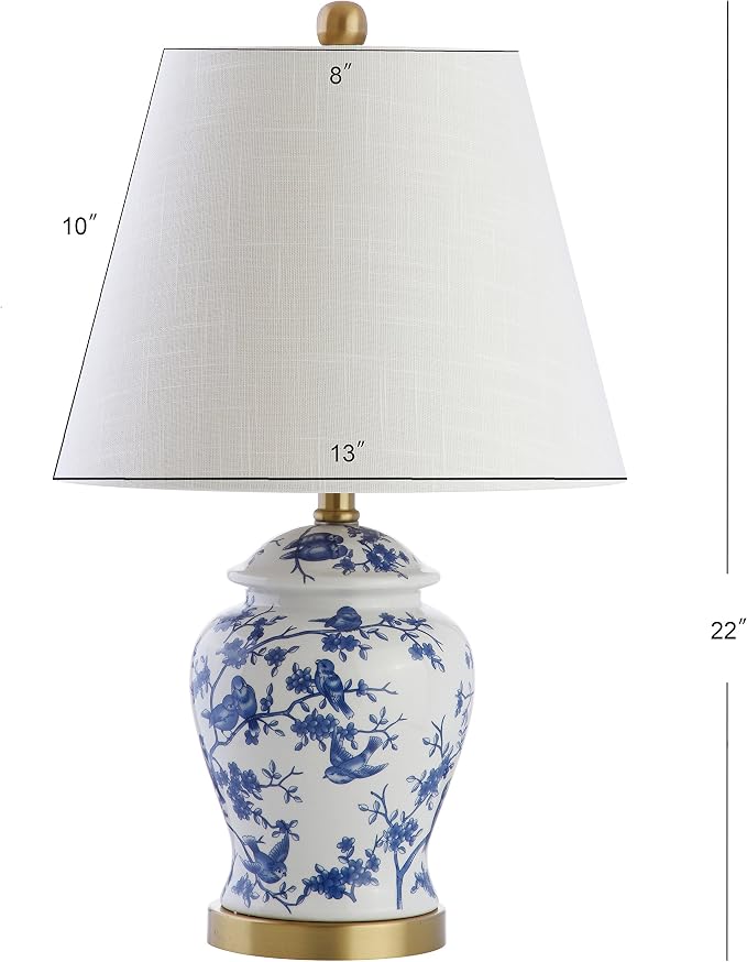 JONATHAN Y Penelope Ginger Jar 22" LED Table Lamp, Blue/White, Set of 2 | Chinoiserie, Ceramic Metal Construction, French Country Traditional, Linen Empire Shade, Brass Gold, LED Bulb Included