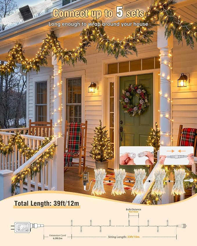 Warm White Christmas String Lights, 33FT 100 LED Fairy Lights Indoor | 8 Modes with Memory, Connectable, IP65 Waterproof, Transparent Wire, Up to 5 Sets, Widely use for Classroom, Bedroom, dorm