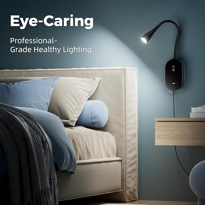 deeloop LED Wall Mount Reading Lamp, CRI 95+ Wall Sconce Light with 10W USB Output，4 Color 5 Dimming Touch Control Wall Lamps with 4 Hours Auto-Off Bed Lighting Spotlight Black