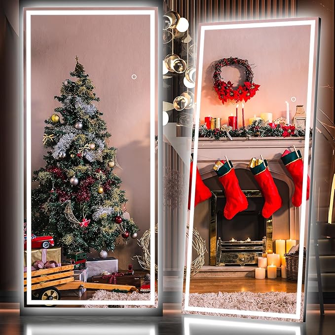 Hasipu Full Length Mirror with Lights, 79" x 32" LED Lighted Floor Standing, Full Body Dressing Hanging Mounted Mirror, Tempered Glass, Square Black