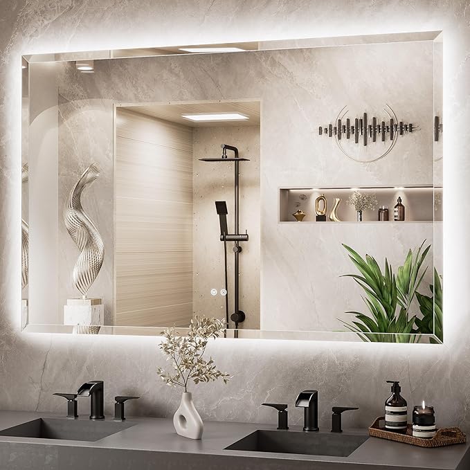 TETOTE 60 x 40 Oversized Backlit Mirror Bathroom, LED Vanity Mirror with Beveled Edge, Safe Tempered Glass, 3 Color Temperature, Anti-Fog, Dimmable, Memory Function, Wall-Mounted Vanity Mirrors