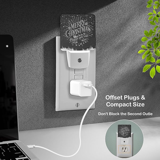 LED Night Light Lamp with Smart Sensor Dusk to Dawn Sensor,Merry Christmas Happy Black White Night Light Daylight White,0.5W Plug-into Wall for Adults,Bedroom,Bathroom,Hallway,Kitchen