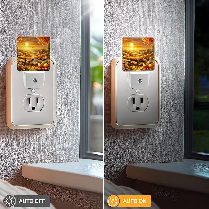 LED Night Light Lamp with Smart Sensor Dusk to Dawn Sensor,Autumn Harvest Season Evening in Rustic Countryside Golden Fall Sunset Pumpkin Night Light Daylight White,0.5W Plug-into Wall