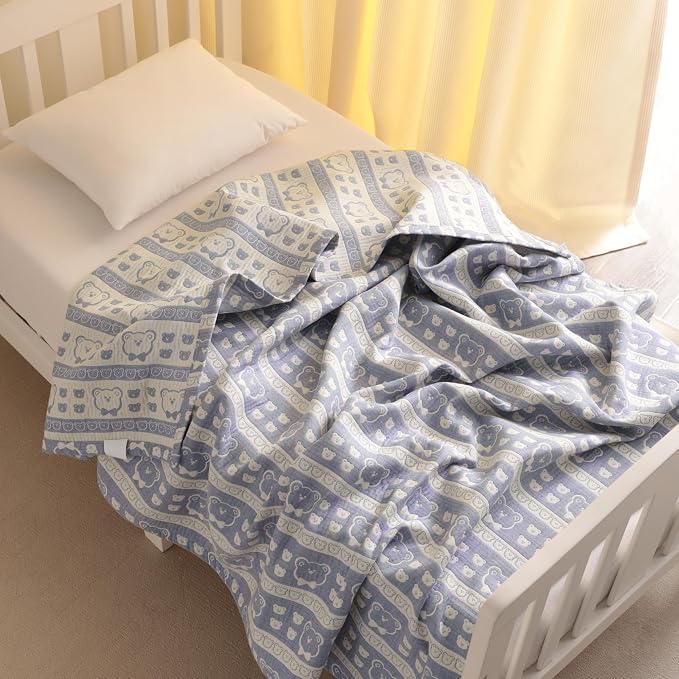 NTBAY 3 Layer Oversized Muslin Toddler Blanket, 45 x 60, Blue Bear | Muslin Cotton Outer Layers with Light Thermal Fiber Fill, Reversible Blanket for Daycare, Travel, Naps, and Supervised Use