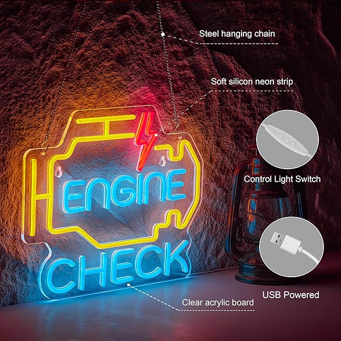 Check Engine Neon Sign for Garage Wall Decor Check Engine Neon Signs Car Auto Repair Workshop Sign with Dimmable USB Powered Signs Décor (15.5X12in)