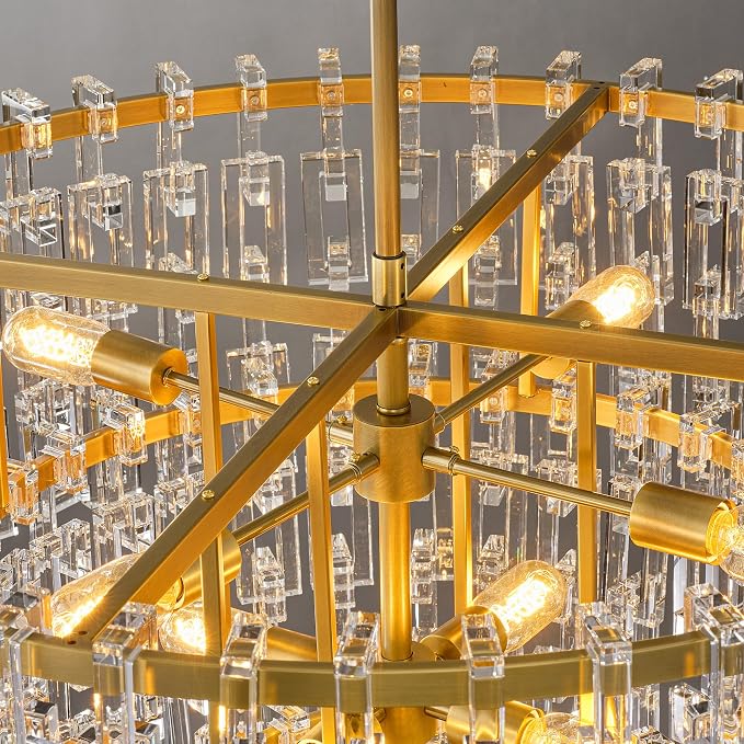36'' W Round Crystal Chain Chandelier 9-Light E26 Modern Pendant Light, Burnished Brass Finish with 350+ Crystal Links, 79 Inch Adjustable Hanging Rod, For Foyer, Dining Room, Living Room, Gold