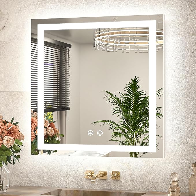 28 x 28 Inch LED Bathroom Mirror with Frontlit and Backlit, Brighter Light up Bathroom Vanity Mirror with Lights, 3-Color Dimmable Illuminated Anti Fog Mirror Wall Mounted, Waterproof
