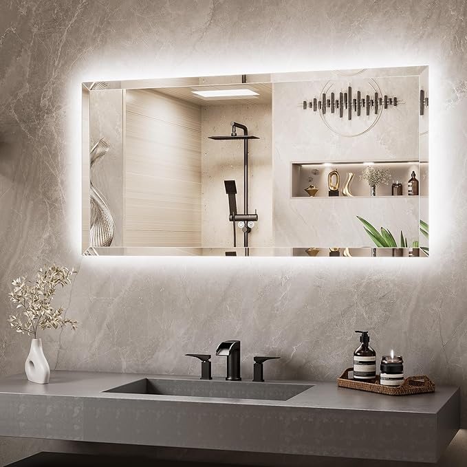 TETOTE Backlit Bathroom Mirror 48 x 24, Frameless LED Mirror for Bathroom, Safe Tempered Glass, 3 Color Temperature, Defogging, Dimmable, Smart Bathroom Mirror, Wall-Mounted Vanity Mirrors