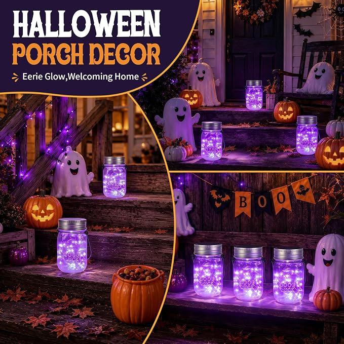 GIGALUMI Hanging Mason Jar Solar Lights 6 Pack for Halloween Decorations | Hanging Solar Lanterns Waterproof, 30 Led Hangers and Jars Included, Outdoor Decor for Porch, Pathway, Yard, Halloween Party