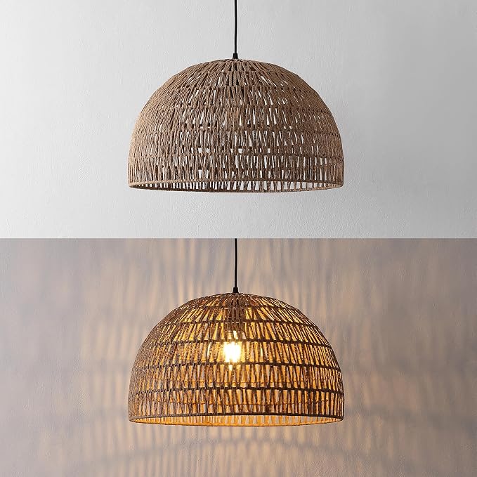 JONATHAN Y Campana 1-Light Pendant Dome Ceiling Lamp, 20", Brown | Modern Coastal Farmhouse Decor, Adjustable Height, Woven Rope Metal Frame, LED Bulb Included, UL Listed
