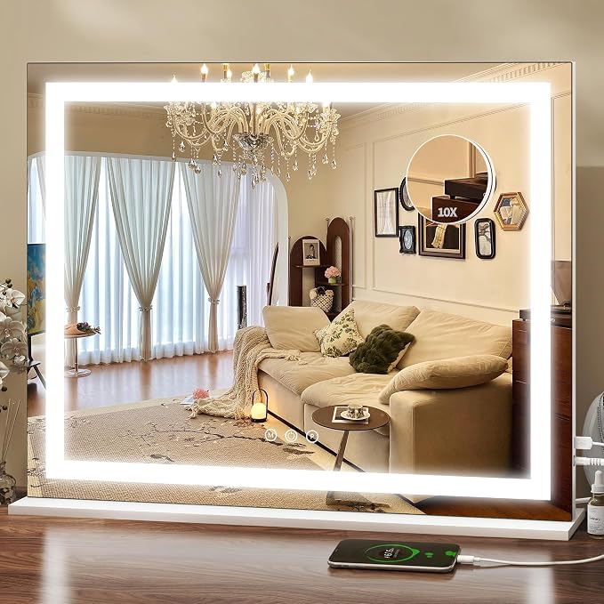 ROLOVE 23x18 Inch Makeup Mirror with Lights, Detachable Magnifier | LED Vanity Mirror, 3 Color Modes, Stepless Dimming, Touch Control, Plug-In Power, Horizontal Wall Mount or Tabletop Use