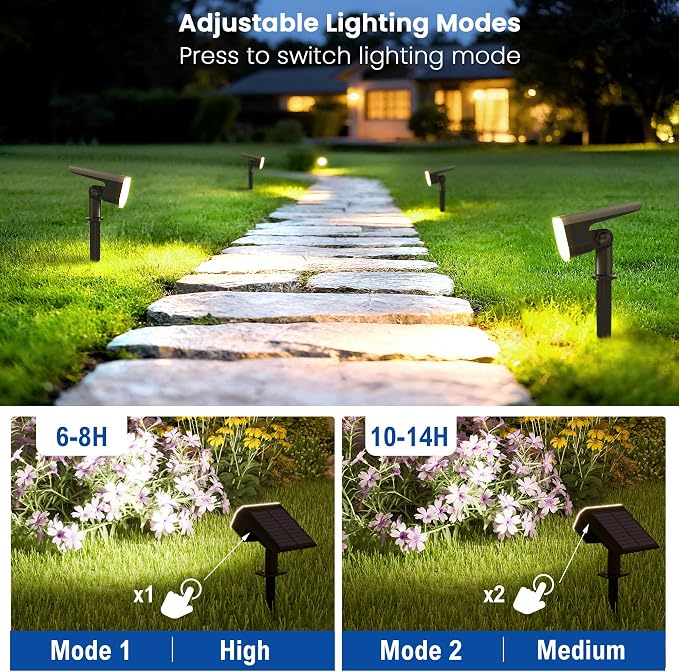 JEJOT Solar Lights Outdoor Waterproof IP65, Super Bright LED with Lens, 6500K 2 Lighting Modes, Solar Powered Yard Garden Solar Spot Lights for Outside Landscape Auto On/Off - 4 Pack