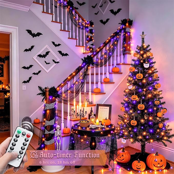 JMEXSUSS 100 LED Orange and Purple Fairy Halloween Lights USB Powered | 8 Modes Timer Plug in Indoor Outdoor Remote Control for Fireplace Room Tree Car Roof Patio Party Halloween Decorations
