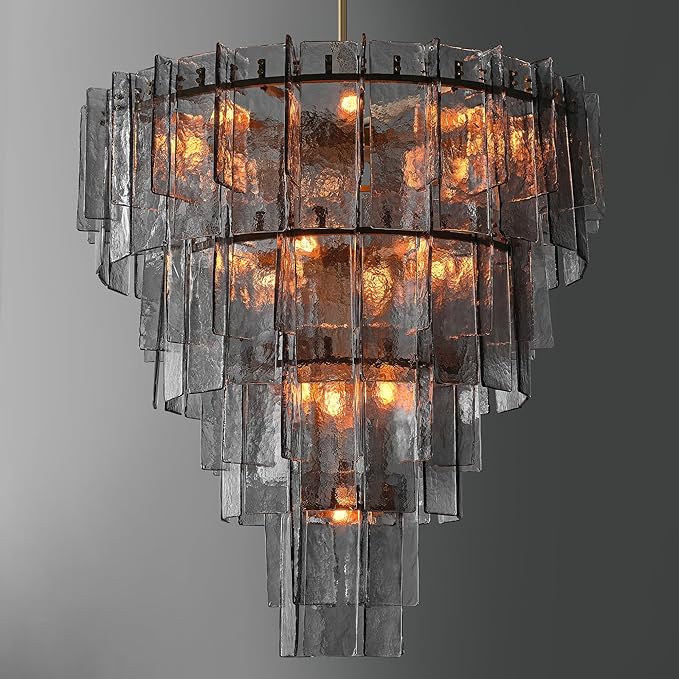 47" Extra Large Tiered Smoked Clear Textured Glass Chandelier, 18-Light Modern Large Pendant Lighting with E26 Sockets, 77" Adjustable Rods, Ceiling Fixture for Dining Room, Living Room, Foyer (Gold)