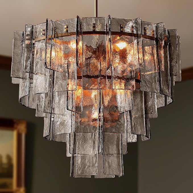 36" Extra Large Tiered Smoked Clear Textured Glass Chandelier, 10-Light Modern Pendant Lighting with E26 Sockets, 56" Adjustable Rods, Ceiling Fixture for Dining Room, Living Room, Foyer (Gold)