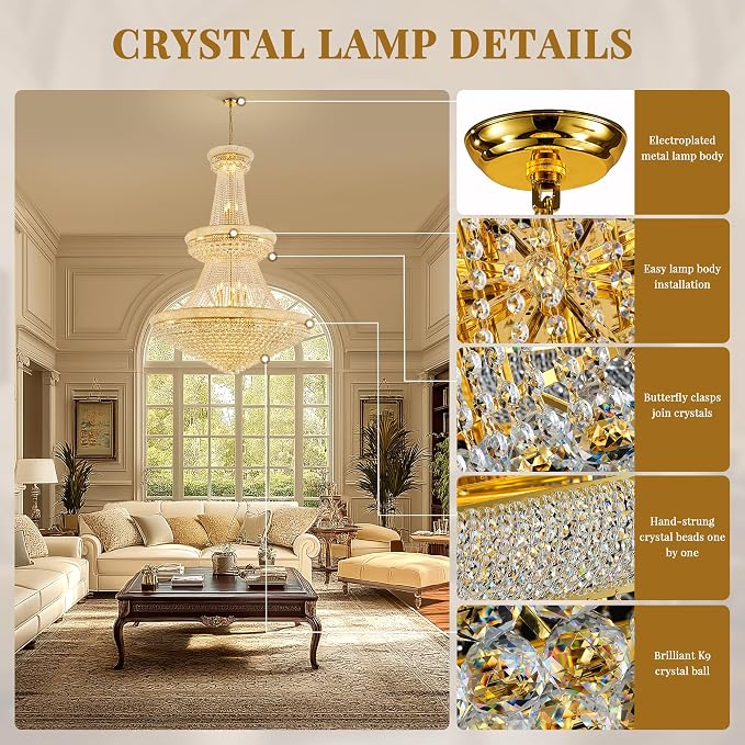 48'' W Grand Gold 3-Tier Empire Crystal Chandelier, 42 LED Bulbs, 680 Hand-Strung K9 Crystals (6 Spares), 79-Inch Adjustable Chain, Ideal for Luxury Foyers, Staircases, Double-Height Spaces (Gold)
