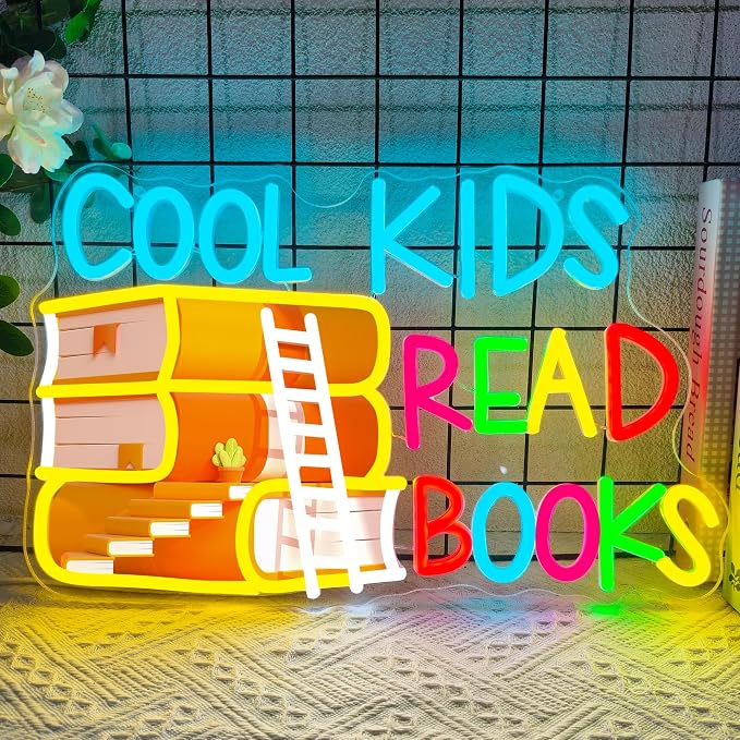 Cool Kids Read Books Neon Sign Printed Read Books Neon Light for Wall Decor | USB Dimmable Cool Kids LED Neon Signs for Classroom Reading Room Bookstore Library Bedroom Study Room Bookish Decoration