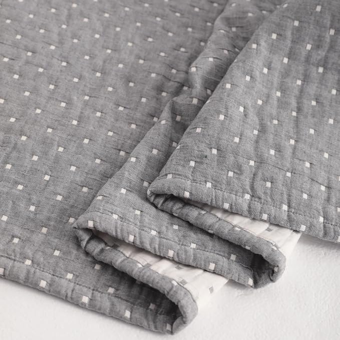 NTBAY 3 Layer Muslin Toddler Blanket, 30 x 40, Grey Dot | Breathable Muslin Cotton Outer Layers with Light Thermal Fill, Reversible for Stroller, Daycare, Travel, and Supervised Use