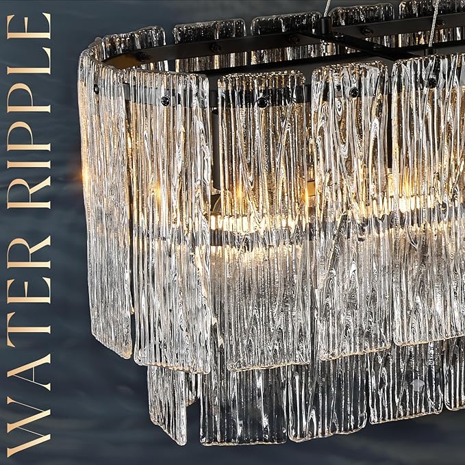 Black Rectangle Chandeliers for Dining Room Modern Crystal Glass Island Light 6-Light Chandelier Luxury Rectangular Linear Hanging Pendant Light Fixture for Kitchen L35.5”