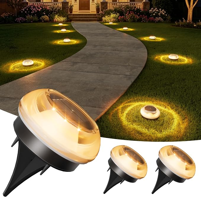 VOLISUN Mini Solar Pathway Lights Outdoor,3 Pack Flat Solar Ground Lights | IP67 Waterproof Solar Powered Disc Lights,Landscape Lighting for Garden Yard Walkway Luces Patio Driveway,Warm White