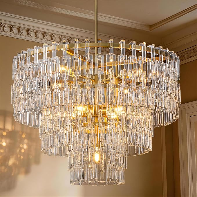 36'' W Round Crystal Chain Chandelier 9-Light E26 Modern Pendant Light, Burnished Brass Finish with 350+ Crystal Links, 79 Inch Adjustable Hanging Rod, For Foyer, Dining Room, Living Room, Gold
