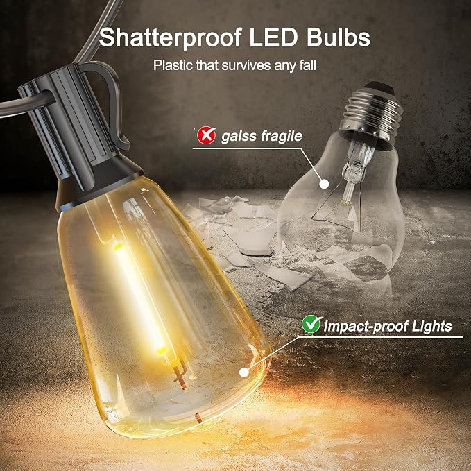 BLIATLUS 55FT Solar String Lights, Waterproof Outdoor Remote 15+2 Shatterproof ST38 LED for Patio Garden